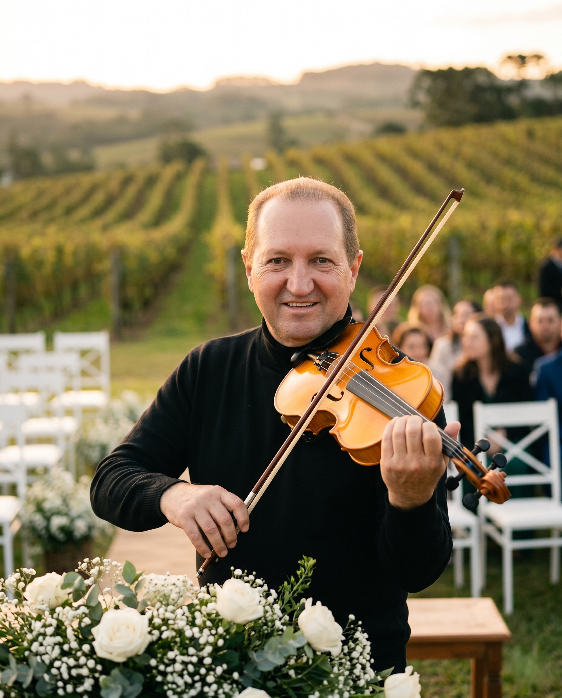 Violinista em cerimônia de casamento na vinícola