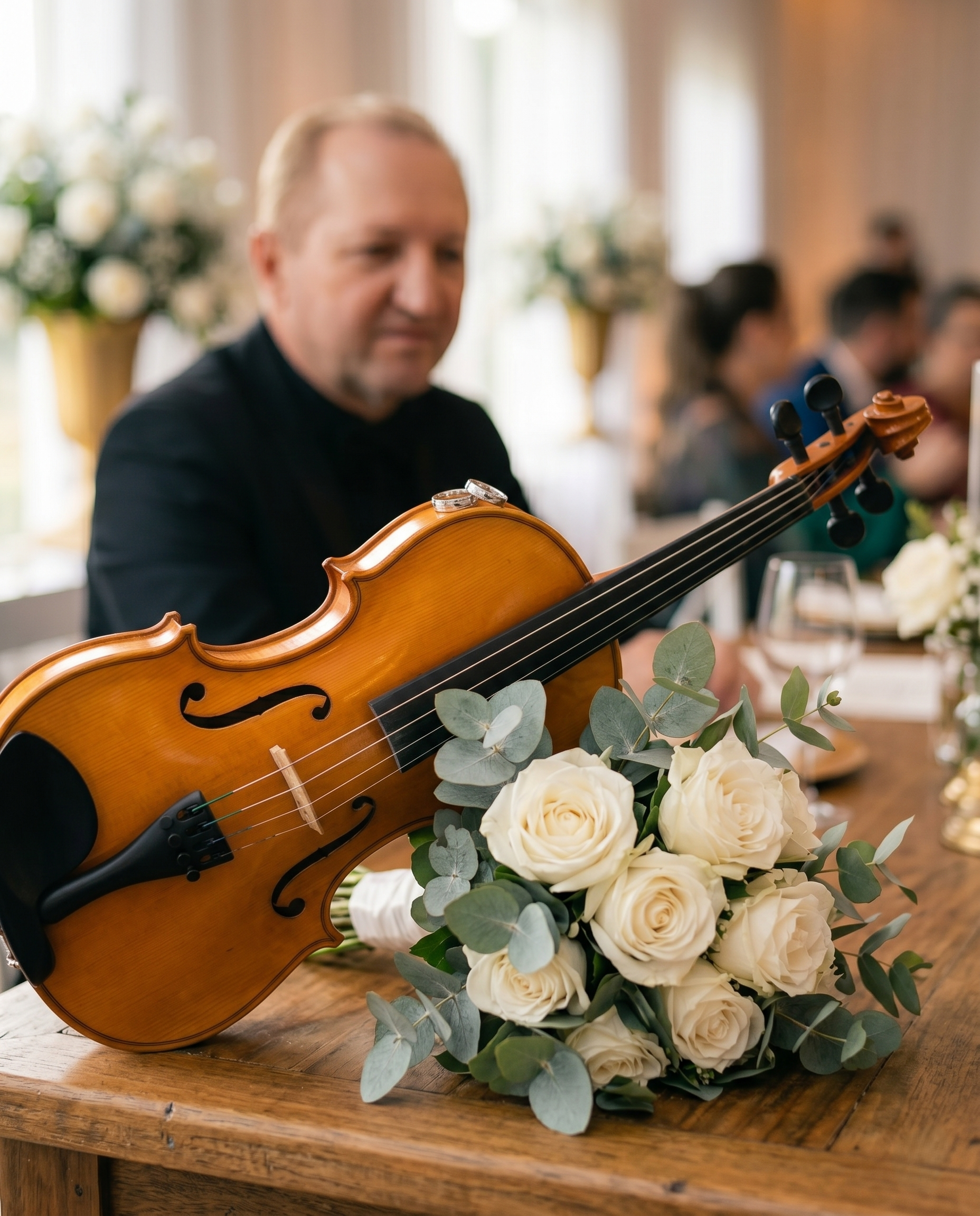 Violino e buquê de rosas brancas
